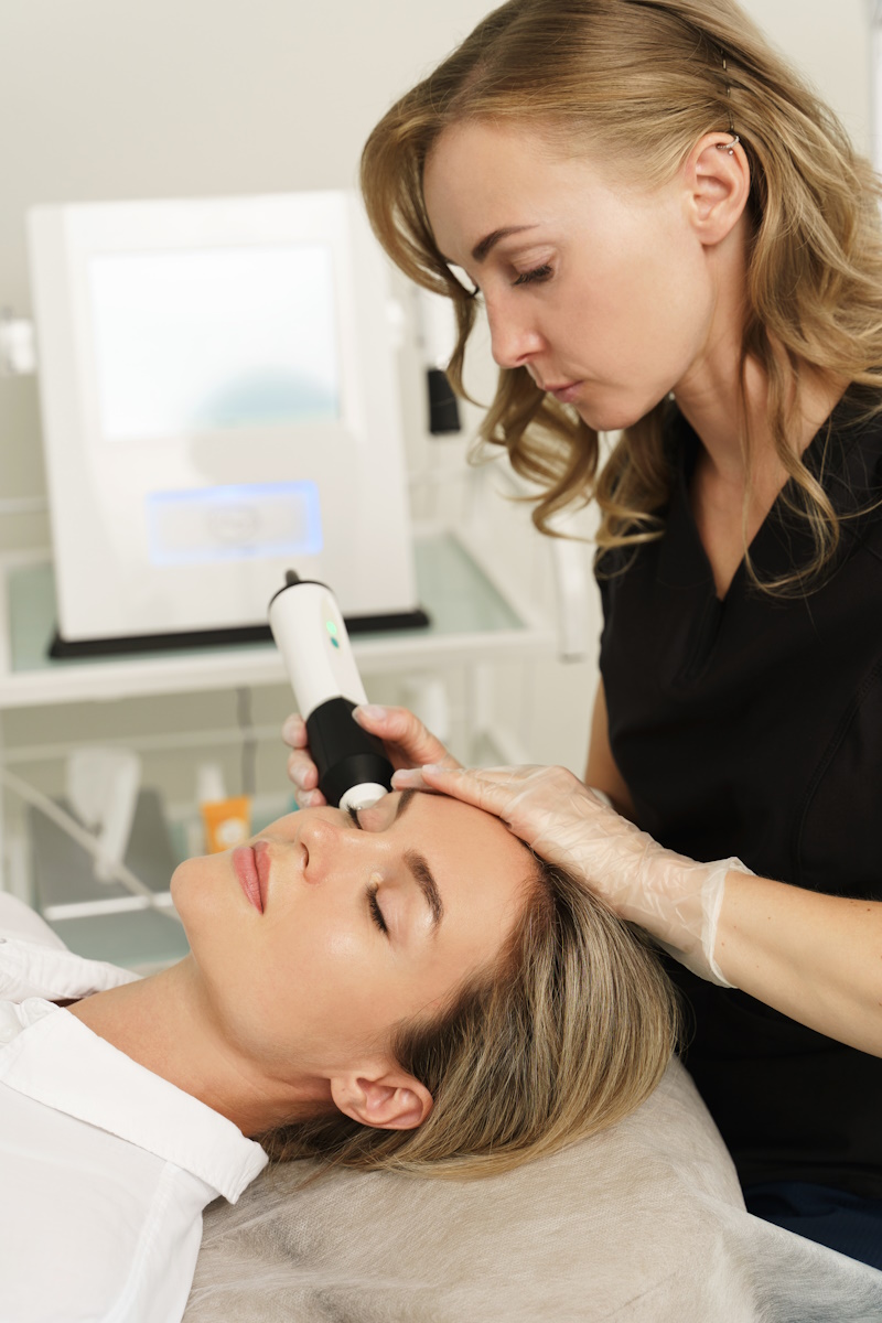 Woman client during carbon dioxide laser resurfacing in a cosmetology clinic